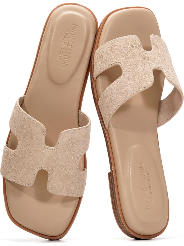 Women Taupe Suede Genuine Leather Memory Foam Insole Slides Slip On Jannel Flats
